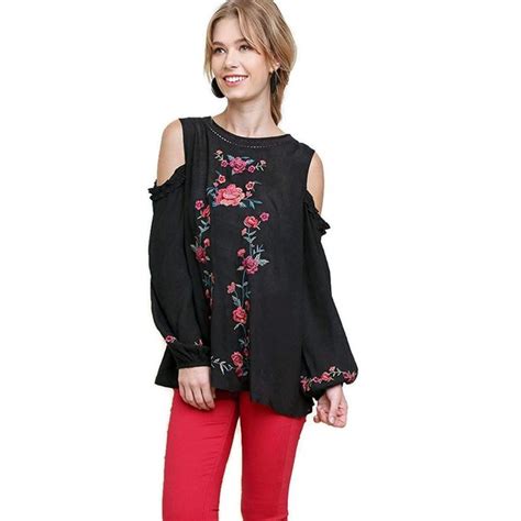 Umgee Floral Embroidered Open Shoulder Crochet Trim Peasant Top Mediu