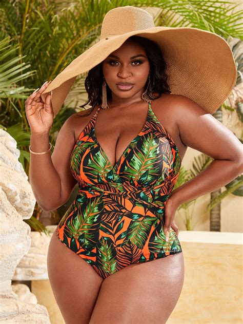 Shein Swim Vcay Plus Tropical Print Cross Back One Piece Swimsuit