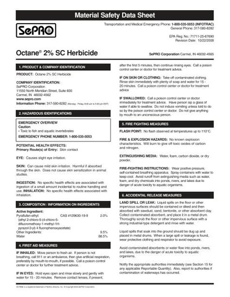 Material Safety Data Sheet Octane® 2% SC Herbicide - SePRO!