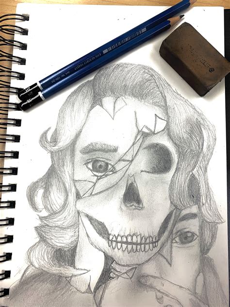 The mask broke / half face skull portrait. : r/drawing