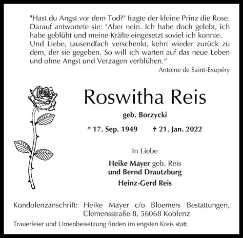 Traueranzeigen Von Roswitha Reis Rz Trauer De