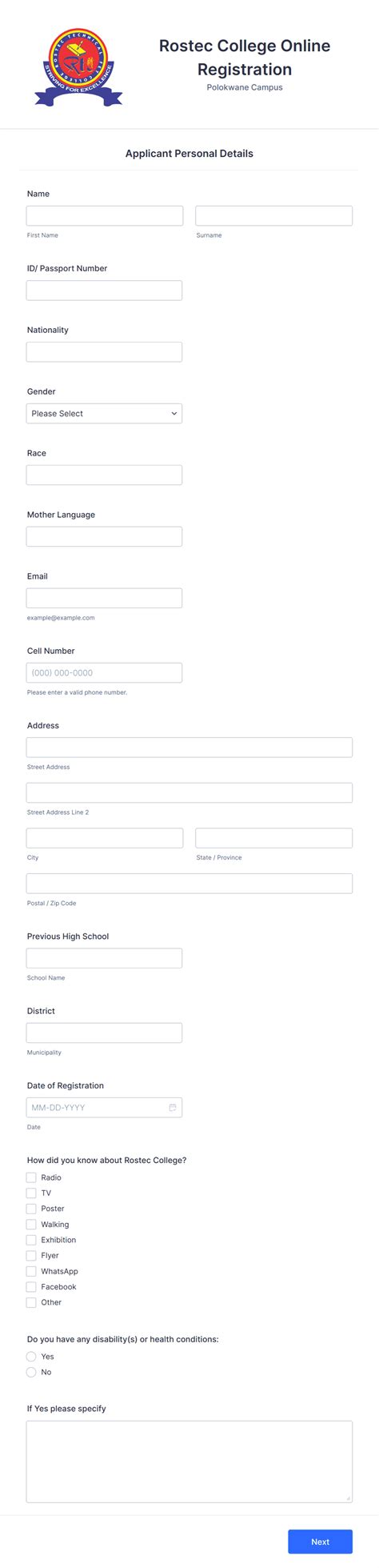 Rostec College Online Registration Form Template | Jotform