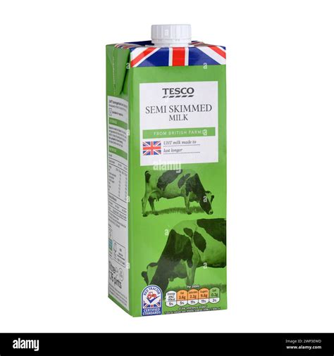 Carton Of Tesco Brand Long Life Uht Semi Skimmed Milk Isolated On White