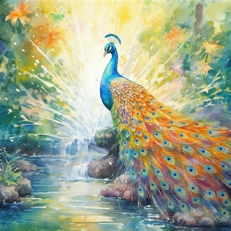 Premium AI Image | A painting of a peacock with a waterfall in the ...