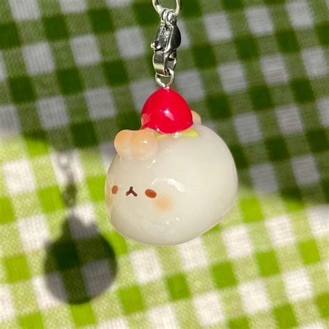 Handmade Chubby Strawberry Mochi Bunny Polymer Clay Keychain Cute Tiny Kawaii Charm Summer