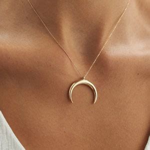 14k Solid Gold Large Double Horn Necklace Crescent Moon Necklace Tusk