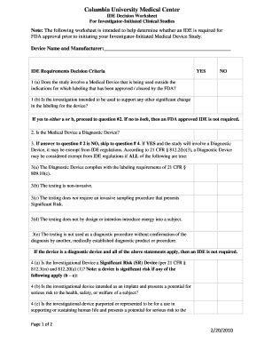 Fillable Online Cto Cumc Columbia IDE Decision Worksheet Columbia