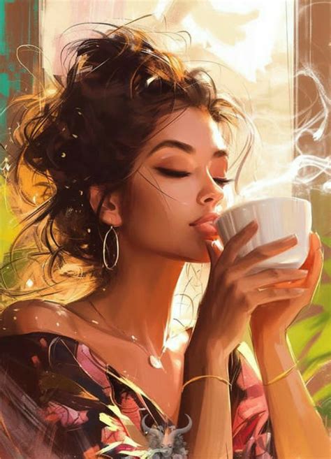 morning coffee painting warm morning coffee art woman coffee