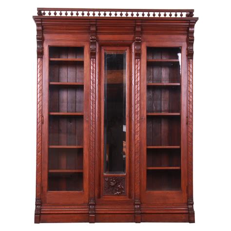 Monumental Solid Carved Tall Walnut Victorian Bookcase Bookshelf Circa