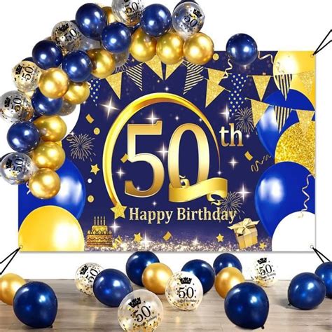 Decoration Anniversaire 50 Ans Bleu Or Extra Longue Banderole Joyeux