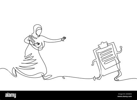 Continuous One Line Drawing Arabian Businesswoman Chasing Clipboard