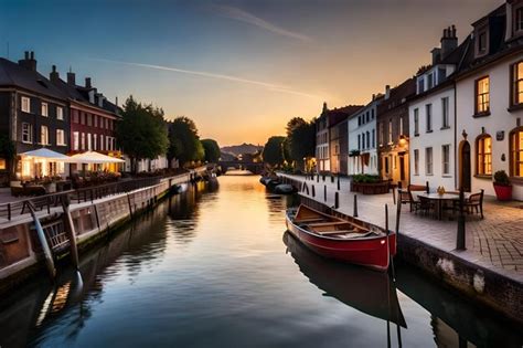 Premium AI Image A Boat Is Docked In A Canal With A Red Boat In The