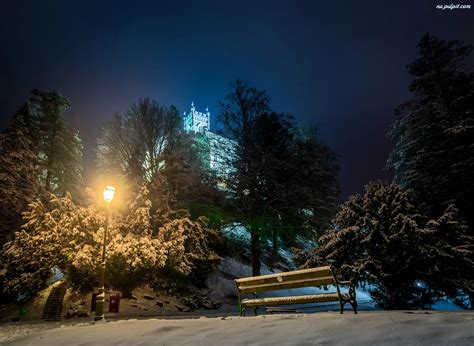 Drzewa Chorwacja Zima Ławka Latarnia Noc Zamek Trakoscan Park Na