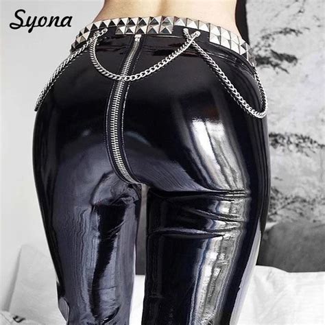 Women Sexy Pu Faux Leather Pants Punk Rock Open Crotch Zipper Black