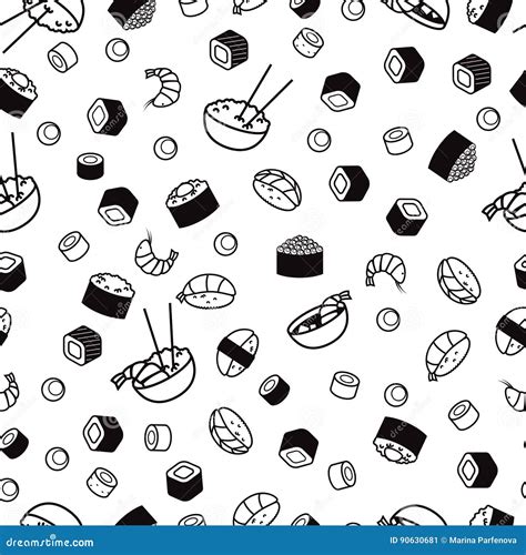 Vector Bw Seamless Sushi Pattern Stock Vector Illustration Of Asian