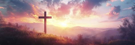 Easter Sunrise With Cross Silhouette On Background Concept Banner For Text Space Christian