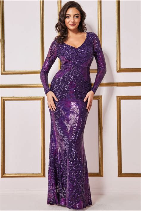 Goddiva Contrast Sequin Long Sleeve Maxi Dress Purple