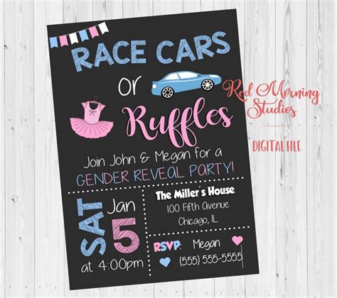 Race Cars Or Ruffles Gender Reveal Party Invitation Printable Car Or