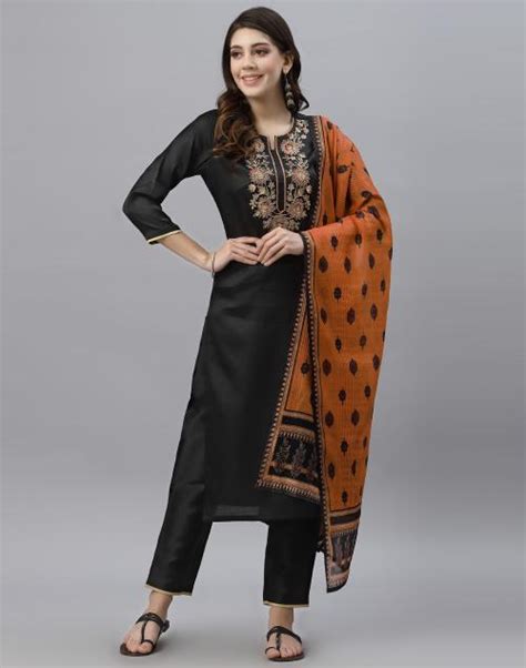 Sanisa Women Black Embroidery Viscose Silk Kurta Salwar With Dupatta