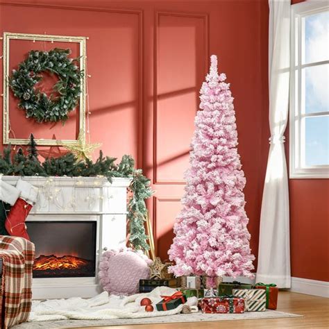 Homcom Ft Leg Base Flocked Pink Artificial Christmas Tree