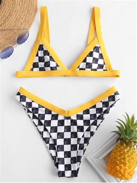 [19 Off] 2020 Zaful Checkered Bralette Bikini Set In Multi A Zaful