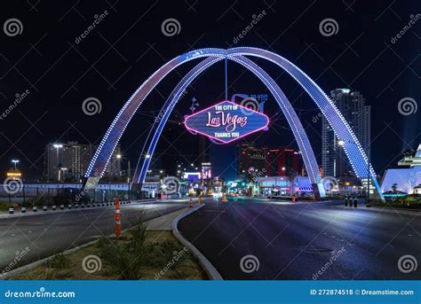 Las Vegas Boulevard Gateway Arches at Night Editorial Stock Photo ...