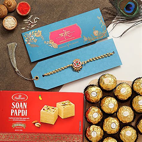 Kundan Bracelet Rakhi With Soanpapdi And Ferrero Rocher Exp Uk Gift