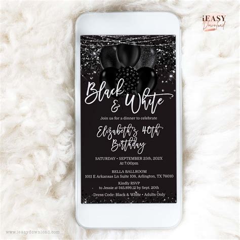 Black And White Party Invitation Template • 40th Birthday Phone Invite