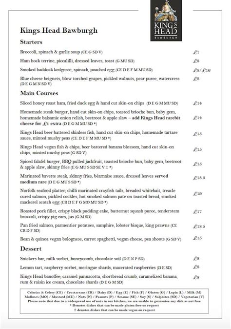 Menu At Kings Head Bawburgh Restaurant Bawburgh Harts Ln