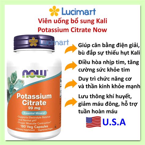 Viên uống bổ sung Kali Potassium Citrate Gluconate 99mg Now thuần chay