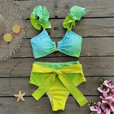 Conjunto De Bikini Con Volantes Para Mujer Ba Ador Sexy De Cintura Alta