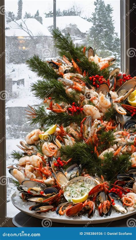 A Christmas Seafood Platter Set Against A Backdrop Of A Snowy Garden