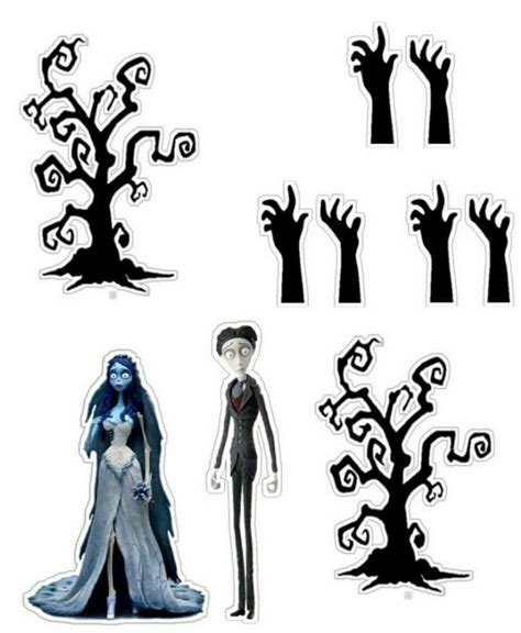 The Corpse Bride And Groom Paper Cut Outs Are Shown In Various Sizes