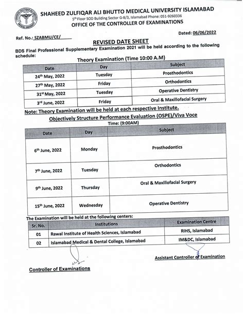 Szabmu Bds Final Prof Supply Exam Revised Date Sheet Result Pk