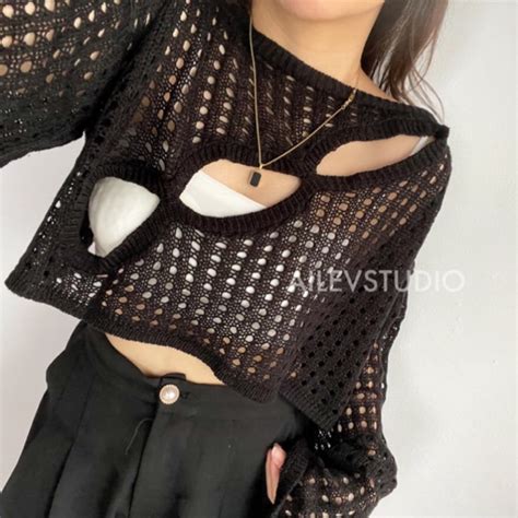 Jual Ailevstudio Crop Top Jaring Bolong Rajut Ready Stock Shopee