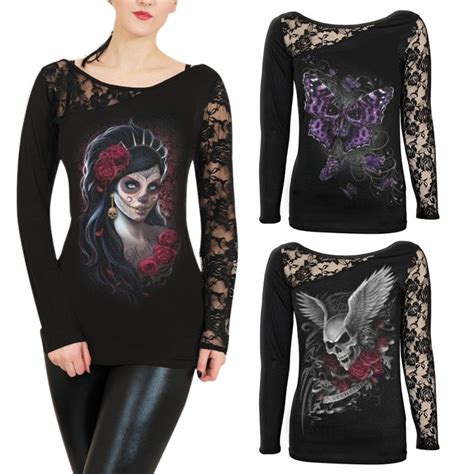 Womens Long Sleeve Gothic Lace Skull Print Tunic Blouse T Shirt Tops