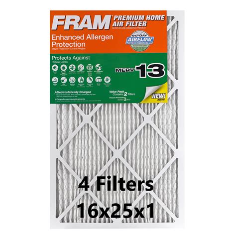 Fram 16x25x1 Enhanced Allergen Protection Hvac Furnace Air Filter Merv