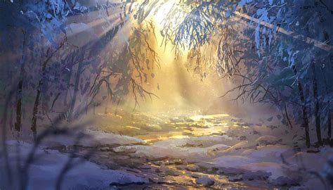 #432076 winter, anime, forest, sunrise, Surendra Rajawat, snow - Rare ...