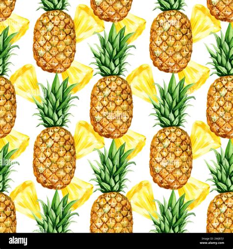 Watercolor Seamless Pattern With Pineapple Half And Slices Of Ripe