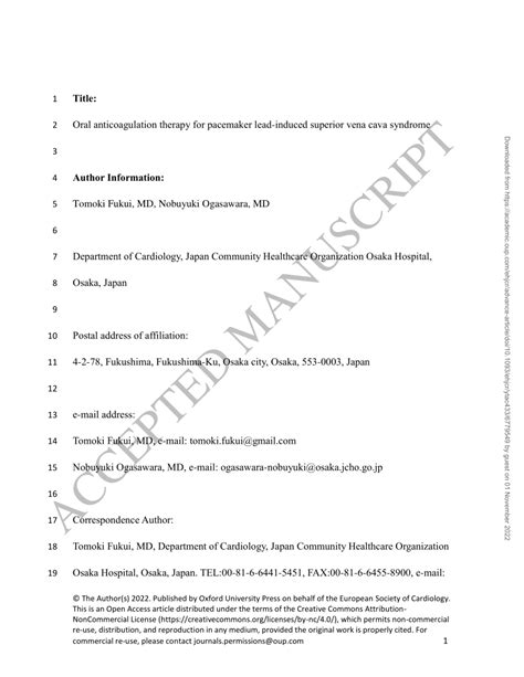 PDF Oral Anticoagulation Therapy For Pacemaker Lead Induced Superior