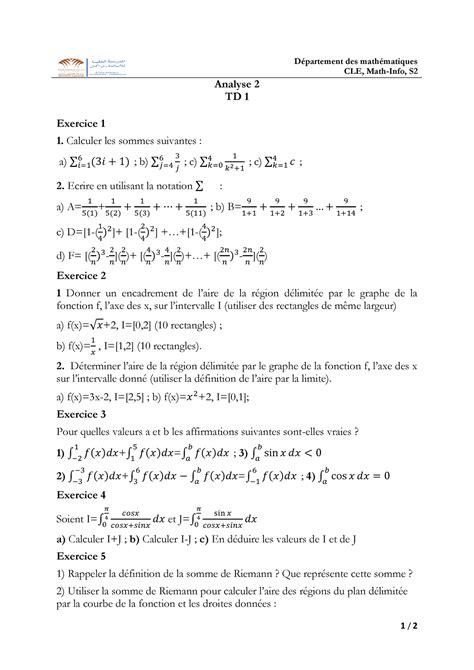 TD1 de Analyse 2 1 2 Département des mathématiques CLE Math Info