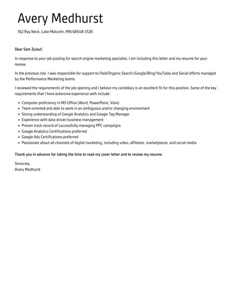 Search Engine Marketing Specialist Cover Letter | Velvet Jobs