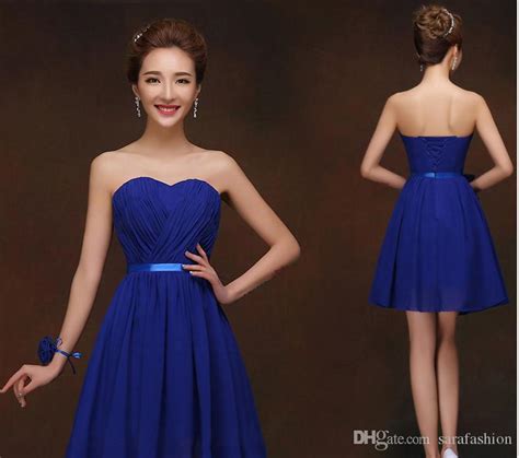 Royal Blue Chiffon Short Bridesmaid Dress With Flower 2019 Knee Length Wedding Party Dresses