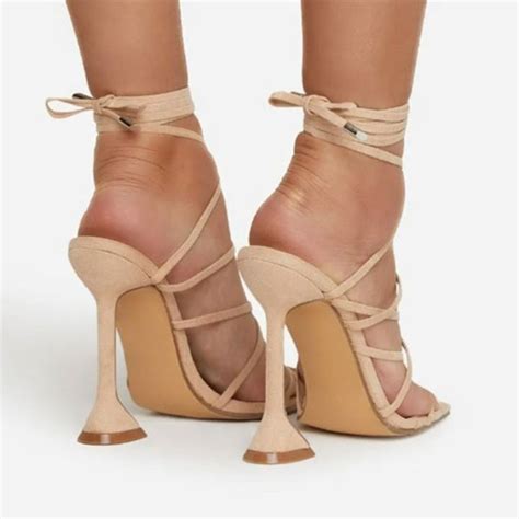 EGO Shoes Nib Ego Nude Tan Strappy Lace Up Suede Square Toe Sculptured Heels Influence