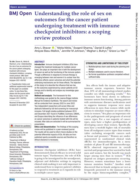 Pdf Understanding The Role Of Sex On Outcomes For The Cancer Patient Undergoing Treatment With