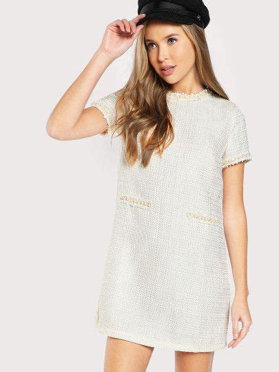 Shop Pearl Beading Tweed Dress Online SheIn Offers Pearl Beading Tweed