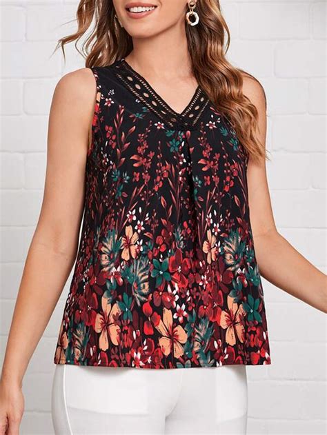 Emery Rose Floral Print Guipure Lace Panel Blouse Shein Usa