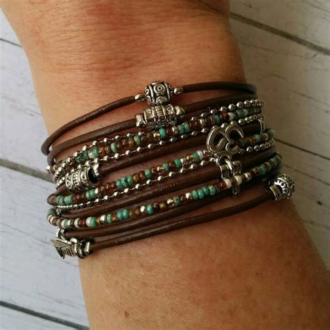 Boho Leather Wrap Bracelet Turquoise And Brown Multistrand Etsy