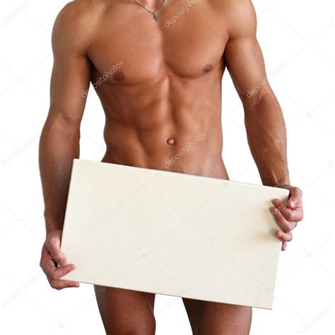 Naked Muscular Man Covering With Board Stock Photo By Wrangel