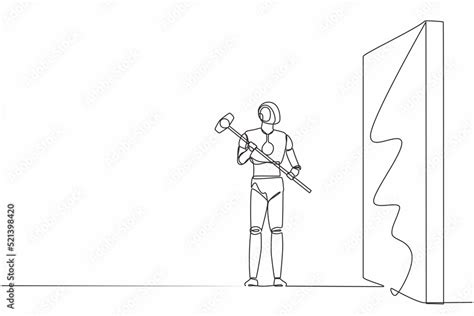 Continuous one line drawing robot standing and holding big hammer while ...